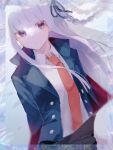  1girl bangs black_jacket black_ribbon black_skirt blush braid closed_mouth commentary_request danganronpa:_trigger_happy_havoc danganronpa_(series) eyebrows_visible_through_hair gloves hair_ribbon jacket kaeru_no_ko kirigiri_kyouko long_hair long_sleeves looking_at_viewer necktie open_clothes purple_eyes purple_hair red_neckwear ribbon shirt side_braid single_braid skirt solo white_shirt 