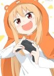  1girl absurdres animal_hood bangs blonde_hair blush brown_eyes commentary_request controller cynical_(llcbluckg_c004) doma_umaru eyebrows_visible_through_hair game_controller hamster_hood highres himouto!_umaru-chan holding holding_controller holding_game_controller hood long_hair long_sleeves looking_at_viewer open_mouth shirt signature simple_background smile solo twitter_username upper_body white_background white_shirt 