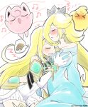  2girls bangs blonde_hair breast_grab breasts chest_jewel dress earrings elbow_gloves eromame gen_1_pokemon gloves grabbing jewelry jigglypuff large_breasts long_hair luma_(mario) mario_(series) multiple_girls mythra_(xenoblade) pokemon rosalina short_dress super_mario_galaxy swept_bangs tiara very_long_hair white_dress white_gloves xenoblade_chronicles_(series) xenoblade_chronicles_2 yellow_eyes 