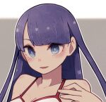  1girl :d bikini blush commission eyebrows_visible_through_hair fate/grand_order fate_(series) fingernails grey_background hand_up lamb-oic029 long_hair looking_at_viewer martha_(fate) open_mouth portrait purple_eyes purple_hair skeb_commission smile solo swimsuit white_bikini 