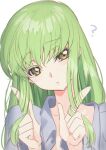  1girl ? bangs c.c. close-up code_geass collared_shirt creayus eyebrows_visible_through_hair fingernails green_hair light_blush long_hair playing_with_own_hair pointing pointing_up portrait pout shirt simple_background solo straight_hair white_background yellow_eyes 