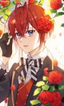  1boy antenna_hair black_gloves blue_eyes flower gloves hair_between_eyes highres jacket kwakah long_sleeves looking_at_viewer male_focus open_mouth red_hair riddle_rosehearts rose short_hair simple_background smile solo twisted_wonderland 