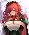  1girl absurdres azur_lane b-pang bangs bed_sheet breasts cape cleavage closed_mouth dakimakura_(medium) epaulettes eyebrows_visible_through_hair gloves highres huge_breasts looking_at_viewer lying on_back pillow red_eyes red_hair smile solo twintails upper_body white_gloves zara_(azur_lane) 