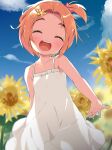  1girl :d ^_^ bangs bare_arms bare_shoulders blurry blurry_background blush bow brown_hair closed_eyes collarbone commentary_request day depth_of_field dress facing_viewer field flower flower_field forehead hair_bow hair_flower hair_ornament hairclip highres idolmaster idolmaster_cinderella_girls makuran one_side_up open_mouth outdoors parted_bangs pink_bow round_teeth ryuuzaki_kaoru short_hair sleeveless sleeveless_dress smile solo sunflower teeth thick_eyebrows upper_teeth white_dress yellow_flower 