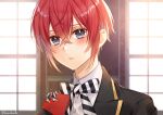  1boy blue_eyes crown jacket kwakah looking_at_viewer male_focus red_hair riddle_rosehearts shirt short_hair simple_background solo twisted_wonderland 