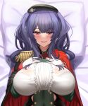  1girl absurdres azur_lane b-pang bangs bed_sheet beret black_headwear blue_hair breasts cape closed_mouth dakimakura_(medium) eyebrows_visible_through_hair hat highres huge_breasts looking_at_viewer lying on_back pola_(azur_lane) red_eyes short_hair smile solo twintails 