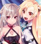 2girls 70_(psyche666) :&lt; :d arm_garter azur_lane bangs bare_shoulders blonde_hair breasts cleavage cleveland_(azur_lane) cleveland_(gentry_knight)_(azur_lane) closed_mouth collarbone collared_shirt commentary_request dress evening_gown fang frown grey_hair halterneck highres long_hair montpelier_(azur_lane) montpelier_(persephone&#039;s_throne)_(azur_lane) multiple_girls one_side_up open_mouth parted_bangs red_eyes shirt small_breasts smile vest white_shirt 