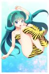  1girl animal_print arm_up ass bikini blue_background blue_eyes breasts eyeshadow fang fugetsu_taku green_hair highres horns kneehighs knees_up long_hair lum makeup oni oni_horns open_mouth pointy_ears simple_background solo strapless strapless_bikini swimsuit tiger_print urusei_yatsura yellow_bikini yellow_footwear 