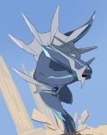  black_sclera blue_skin claws colored_sclera colored_skin commentary_request crack dialga full_body gen_4_pokemon highres kii_(kiiui) legendary_pokemon looking_to_the_side no_humans pillar pokemon pokemon_(creature) red_eyes solo 