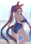  1girl animal_ears bangs blue_swimsuit blurry blurry_background bow breasts brown_hair competition_swimsuit cowboy_shot daiwa_scarlet_(umamusume) eyebrows_visible_through_hair fang from_side hair_bow hand_under_clothes hand_under_swimsuit highres horse_ears horse_girl horse_tail indoors jifuwabe large_breasts long_hair looking_at_viewer looking_to_the_side one-piece_swimsuit open_mouth ponytail pool red_eyes sideboob sideways_glance skin_fang solo swimsuit tail tiara twintails umamusume very_long_hair water 