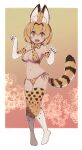  1girl :d animal_ear_fluff animal_ears bare_shoulders bikini border bow bowtie elbow_gloves gloves highres kemono_friends lamb-oic029 looking_at_viewer navel open_mouth orange_bikini orange_bow orange_legwear orange_neckwear paw_pose serval_(kemono_friends) serval_print side-tie_bikini sling_bikini_top smile solo swimsuit tail thighhighs white_border 