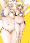  1girl ahoge american_flag american_flag_bikini american_flag_print arms_behind_head bangs bikini black-framed_eyewear blonde_hair blue_eyes breasts breasts_apart character_request commentary_request copyright_request eyebrows_visible_through_hair flag_print full_body glasses highres long_hair looking_at_viewer looking_to_the_side multiple_views navel open_mouth pasties shigekikkusu side-tie_bikini sidelocks signature skindentation standing string_bikini striped striped_bikini swimsuit thick_thighs thighs yellow_background 