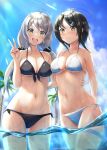  2girls :d ahoge amano_kusatsu arm_around_waist arm_up bare_shoulders bikini black_bikini black_hair breasts cleavage collarbone hair_ornament hairclip highres in_water large_breasts long_hair low_twintails multiple_girls navel open_mouth original outdoors palm_tree shallow_water short_hair silver_hair smile stomach swimsuit thigh_strap tree twintails v water wavy_mouth wet white_bikini yellow_eyes 