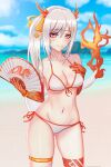  1girl absurd_fox absurdres arknights bikini breasts dragon_girl dragon_horns dragon_tail fan hair_between_eyes highres horns nian_(arknights) purple_eyes solo swimsuit tail tattoo white_hair 