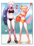  2girls ahoge alternate_costume animal_ears anklet arm_up ball bare_legs beach_umbrella beachball bikini black_bikini black_footwear black_nails blonde_hair blurry blurry_background border breasts cleavage clenched_hand closed_eyes commentary double_bun fang fangs fingernails flower frilled_bikini frills full_body hair_between_eyes hair_bun hair_flower hair_ornament high_heels highres holding holding_ball holding_beachball holding_innertube hololive innertube jewelry lion_ears lion_tail looking_at_viewer medium_breasts medium_hair momosuzu_nene multiple_girls nail_polish navel nekko_(momosuzu_nene) nishidu o-ring open_mouth orange_bikini outside_border platform_footwear ribbon sandals see-through sharp_fingernails shishiro_botan side-by-side sidelocks silver_hair smile ssrb standing stomach swimsuit tail thighs toenail_polish toned twintails umbrella virtual_youtuber wrist_ribbon wristband yellow_footwear 