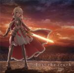  1girl ahoge albino album_cover artoria_pendragon_(all) canyon cosplay cover dusk fate/kaleid_liner_prisma_illya fate_(series) full_body highres holding holding_sword holding_weapon illyasviel_von_einzbern looking_at_viewer mountain official_art orange_sky red_eyes saber saber_(cosplay) sky solo sword twilight weapon white_hair 