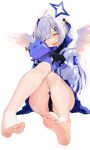  1girl :d absurdres amane_kanata angel_wings animal_hug axolotl axolotl_(minecraft) bangs bare_legs barefoot black_gloves black_panties blue_hair blue_skirt closed_eyes commentary feathered_wings feet full_body gloves halo highres hiki_niito hololive hood hood_down hooded_jacket jacket long_hair long_sleeves minecraft multicolored_hair open_mouth panties pantyshot partially_fingerless_gloves silver_hair sitting skirt smile soles star_halo streaked_hair toes two-tone_hair two_side_up underwear very_long_hair virtual_youtuber white_background white_jacket white_wings wings 