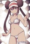  1girl blue_eyes bow bow_panties bra breasts breasts_apart brown_hair checkered closed_mouth collarbone double_bun highres lamb-oic029 looking_at_viewer medium_breasts navel outline panties pokemon pokemon_(game) pokemon_bw2 rosa_(pokemon) sidelocks single_thighhigh smile solo thighhighs twintails underwear visor_cap white_bra white_legwear white_outline white_panties 