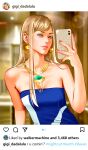  1girl bangs blonde_hair blue_eyes breasts cellphone character_name cleavage collarbone earrings fake_screenshot gigi_andalusia gundam gundam_hathaway&#039;s_flash hair_behind_ear highres holding holding_phone instagram jewelry long_hair louis_vuitton_(brand) necklace phone realistic selfie small_breasts smartphone smile social_network solo upper_body walkermachine 