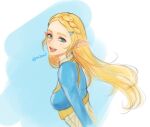 1girl :d blonde_hair braid breasts crown_braid ekle_(kim2zmf) eyelashes floating_hair from_side green_eyes hair_ornament hairclip long_hair looking_at_viewer open_mouth pointy_ears princess_zelda sketch smile solo symbol_commentary the_legend_of_zelda the_legend_of_zelda:_breath_of_the_wild tongue twitter_username upper_body upper_teeth 