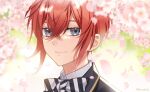  1boy blue_eyes bow bowtie cherry_blossoms flower jacket kwakah looking_at_viewer male_focus red_hair riddle_rosehearts shirt simple_background smile solo twisted_wonderland 