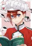  1boy blue_eyes book cooking_hat food kwakah male_focus red_hair riddle_rosehearts simple_background solo twisted_wonderland 