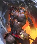  1boy abs animal_ears ass_visible_through_thighs axe bara beard black_male_underwear briefs brown_fur character_request check_copyright chest_hair chest_harness copyright_request cow_ears cow_horns cow_tail cygames facial_hair fighting_stance furry glowing glowing_eye harness highres holding holding_axe horns incoming_attack kouta_nagamori large_pectorals male_focus male_underwear mature_male minotaur muscular muscular_male navel official_art orange_hair over_shoulder pectorals revealing_clothes shadowverse short_hair sidepec solo standing standing_on_one_leg stomach tail thick_thighs thighs underwear weapon weapon_over_shoulder wind wind_lift 