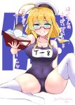  absurdres blonde_hair blue_eyes book breasts character_name eyebrows_visible_through_hair glasses hair_between_eyes hat highres i-8_(kancolle) kantai_collection kitahama_(siroimakeinu831) large_breasts low_twintails name_tag navel one-piece_swimsuit peaked_cap red-framed_eyewear sailor_hat school_swimsuit semi-rimless_eyewear sitting smile solo swimsuit swimsuit_under_clothes thighhighs torpedo tri_tails twintails twitter_username under-rim_eyewear white_background white_legwear 