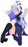  1girl :d absurdres amane_kanata angel_wings animal_hug asymmetrical_legwear axolotl axolotl_(minecraft) bangs black_gloves black_legwear black_panties blue_hair blue_legwear blue_skirt closed_eyes commentary feathered_wings feet full_body gloves halo highres hiki_niito hololive hood hood_down hooded_jacket jacket kneehighs long_hair long_sleeves minecraft mismatched_legwear multicolored_hair no_shoes open_mouth panties pantyshot partially_fingerless_gloves silver_hair single_kneehigh single_thighhigh sitting skirt smile star_halo streaked_hair thighhighs two-tone_hair two_side_up underwear uneven_legwear very_long_hair virtual_youtuber white_background white_jacket white_wings wings 