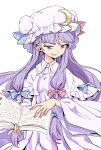  1girl bags_under_eyes blue_bow blue_ribbon book bow commentary crescent crescent_hat_ornament crescent_pin hair_bow hat hat_ornament hat_ribbon holding holding_book long_hair looking_at_viewer maguro_(mawaru_sushi) mob_cap narrowed_eyes open_book open_mouth patchouli_knowledge purple_eyes purple_hair red_bow red_ribbon ribbon simple_background smile smirk solo touhou very_long_hair white_background wide_sleeves 