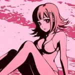  1girl arm_support bangs bare_arms bare_shoulders bikini breasts cleavage cloud collarbone danganronpa_(series) danganronpa_2:_goodbye_despair danganronpa_s:_ultimate_summer_camp flat_color flipped_hair front-tie_bikini front-tie_top hair_ornament hairpin knees_up large_breasts looking_at_viewer moshimoshibe nanami_chiaki open_mouth pink_eyes pink_hair pink_theme short_hair sitting solo swimsuit upper_teeth 