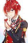  1boy antenna_hair blue_eyes brooch hair_between_eyes heart heart_brooch highres holding jacket jewelry kwakah long_sleeves looking_at_viewer male_focus red_hair red_ribbon ribbon riddle_rosehearts short_hair simple_background twisted_wonderland white_background 