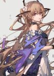  1girl arknights bare_shoulders black_collar brown_hair ciloranko collar cowboy_shot dress flower grey_background hair_between_eyes headgear highres indigo_(arknights) infection_monitor_(arknights) long_hair looking_at_viewer multiple_sources off-shoulder_dress off_shoulder parted_lips petals purple_dress purple_eyes simple_background solo very_long_hair white_flower 