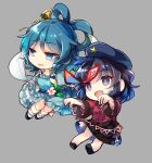  2girls :d bangs blue_dress blue_eyes blue_hair blue_headwear bobby_socks breasts bright_pupils cabbie_hat chibi dress drill_hair drill_locks eyebrows_visible_through_hair fang floating floral_print flower flower_request frills full_body grey_background hagoromo hair_ornament hair_rings hair_stick hat hat_ornament jiangshi kaku_seiga kutsuki_kai leaf leg_ribbon looking_ahead medium_breasts miyako_yoshika multiple_girls ofuda open_clothes open_mouth open_vest outstretched_arms pink_flower purple_eyes purple_hair red_ribbon red_shirt ribbon shawl shirt short_hair short_sleeves simple_background smile socks star_(symbol) star_hat_ornament touhou twin_drills vest white_legwear white_vest zombie_pose 