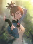  1girl adjusting_hair bangs black_gloves breasts brown_eyes brown_hair defense_of_the_ancients dota_2 eren_(artist) fingerless_gloves forest gloves hair_between_eyes highres holding holding_hair long_hair long_sleeves looking_to_the_side marci_(defense_of_the_ancients) nature outdoors solo sunlight 