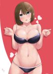  1girl absurdres bikini black_bikini blue_eyes breasts brown_hair cleavage collarbone contrapposto cowboy_shot heart highres jousanrou kantai_collection large_breasts looking_at_viewer maya_(kancolle) red_background short_hair solo standing swimsuit two-tone_background 