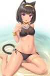  1girl animal_ears bare_shoulders barefoot beach bikini black_bikini black_hair bracelet breasts cat_ears cat_girl cat_tail collar collarbone groin hairband hand_up highres jewelry looking_at_viewer medium_breasts navel original parted_lips purple_eyes sasaame short_hair side-tie_bikini sitting solo stomach string_bikini swimsuit tail thighlet thighs water wet yokozuwari 