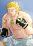  1boy abs absurdres bara bare_pectorals blind blonde_hair boxing_gloves bulge cowboy_shot facial_hair fighting_stance goatee highres jacob_(tokyo_houkago_summoners) jewelry large_pectorals long_sideburns looking_at_viewer male_focus mature_male muscular muscular_male navel necklace nipples one_eye_closed pectorals priest scar scar_on_face scar_on_nose shirtless short_hair shorts sideburns solo stomach tatatan_(ts_kon2) tokyo_houkago_summoners white_shorts wrestling_outfit 