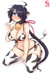  1girl ahoge alternate_costume animal_ears animal_print artist_logo bell bikini black_hair blue_eyes blush breasts cleavage collarbone commentary_request cow_ears cow_girl cow_horns cow_print cow_tail cowbell dated fake_horns hair_over_one_eye highres horns kako_(kancolle) kanon_(kurogane_knights) kantai_collection large_breasts long_hair looking_at_viewer low_ponytail navel neck_bell one-hour_drawing_challenge print_bikini print_legwear simple_background solo swimsuit tail thighhighs white_background 