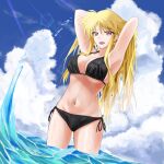  1girl armpits arms_behind_head bikini black_bikini blonde_hair blush breasts cleavage collarbone covered_nipples eyebrows_visible_through_hair fate_testarossa highres large_breasts long_hair looking_at_viewer lyrical_nanoha mahou_shoujo_lyrical_nanoha_strikers navel ocean open_mouth outdoors red_eyes shiny shiny_hair side-tie_bikini sky smile solo sougetsu_izuki swimsuit 