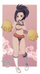  1girl bare_shoulders black_eyes black_hair black_panties blush boku_no_hero_academia border breasts choker full_body highres holding holding_pom_poms lamb-oic029 large_breasts looking_at_viewer medium_hair microskirt nipples open_mouth orange_skirt panties pom_pom_(cheerleading) ponytail shoes signature skirt socks solo standing underwear white_border white_footwear white_legwear yaoyorozu_momo 