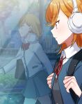  1girl absurdres backpack bag bangs blue_cardigan bow bowtie cardigan closed_mouth different_reflection eyebrows_visible_through_hair from_side grey_skirt headphones headphones_around_neck highres holding_strap light_blush light_rays long_sleeves love_live! love_live!_superstar!! medium_hair naarann neck_ribbon orange_hair parted_lips profile purple_eyes red_bow red_neckwear red_ribbon reflection ribbon school_bag school_uniform shibuya_kanon skirt smile sunbeam sunlight walking white_cardigan yuigaoka_school_uniform 