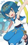  1girl :d araquanid arm_up blue_eyes blue_hair blue_pants blue_sailor_collar blush commentary_request dated gen_7_pokemon gold_hairband happy iroyopon lana_(pokemon) looking_at_viewer no_sclera notice_lines one-piece_swimsuit open_mouth outstretched_arm pants pokemon pokemon_(creature) pokemon_(game) pokemon_sm sailor_collar sandals shirt short_hair signature simple_background sleeveless sleeveless_shirt smile squatting swimsuit swimsuit_under_clothes toenails trial_captain white_background white_shirt 