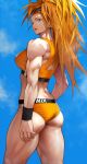  1girl absurdres ass bandaid bandaid_on_face bare_arms biceps blue_sky breasts captain_mizuki clothes_writing cloud day earrings from_behind highres jewelry long_hair looking_at_viewer looking_back medium_breasts midriff muscular muscular_female one-punch_man open_mouth orange_hair ponytail purple_eyes revision shoulders sky solo standing teeth thighs yoshio_(55level) 