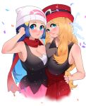  2girls blonde_hair blue_hair breasts cleavage dawn_(pokemon) eyewear_on_headwear hand_on_hip hat large_breasts multiple_girls pink_skirt pokemon pokemon_(game) pokemon_bw pokemon_dppt red_headwear red_scarf red_skirt scarf serena_(pokemon) skirt sleeveless sumisumii unaligned_breasts white_headwear 