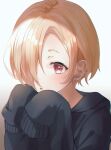  1girl :o bini_(bini_owo) black_hoodie blonde_hair blush ear_piercing hair_over_one_eye hands_up highres hood hoodie idolmaster idolmaster_cinderella_girls long_sleeves looking_away one_eye_covered piercing red_eyes shirasaka_koume short_hair simple_background sleeves_past_fingers sleeves_past_wrists solo upper_body 