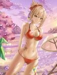  1girl absurdres bangs beach beach_umbrella bikini bird blonde_hair breasts cherry_blossoms closed_mouth cloud cowboy_shot doriart genshin_impact groin hair_ornament hair_ribbon highres huge_filesize looking_ahead medium_breasts medium_hair navel ponytail red_bikini ribbon smile solo strap_gap sunlight swimsuit tattoo umbrella water water_drop wet yellow_eyes yoimiya_(genshin_impact) 