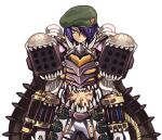  1boy armor bangs beret breastplate closed_mouth commentary_request cowboy_shot emon-yu flask garter_straps genetic_(ragnarok_online) green_headwear hair_between_eyes hair_over_one_eye hat living_clothes looking_at_viewer midriff missile_pod pants purple_hair ragnarok_online round-bottom_flask short_hair simple_background smile solo teeth vial white_background white_pants yellow_eyes 