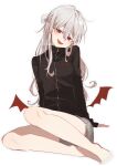  1girl :d absurdres bangs barefoot bat_wings black_jacket breasts earrings eyebrows_visible_through_hair fang feet_out_of_frame genderswap genderswap_(mtf) grey_hair grey_shorts hair_between_eyes hair_bun head_tilt highres huge_filesize jacket jewelry kuzuha_(nijisanji) long_hair long_sleeves looking_at_viewer low_wings mini_wings nijisanji open_mouth pointy_ears red_eyes red_wings short_shorts shorts side_bun signature simple_background sleeves_past_wrists small_breasts smile sofra solo track_jacket twitter_username very_long_hair virtual_youtuber white_background wings 