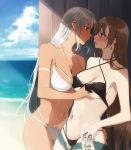  2girls amazuki_jou azur_lane beach bikini black_bikini body_markings breasts brown_eyes brown_hair can cloud collarbone dark-skinned_female dark_skin earrings eye_contact face-to-face facial_mark forehead_mark hand_under_clothes highres holding holding_can jean_bart_(azur_lane) jewelry large_breasts long_hair looking_at_another massachusetts_(azur_lane) medium_breasts multiple_girls native_american navel red_eyes shadow silver_hair swimsuit very_long_hair wet white_bikini yuri 